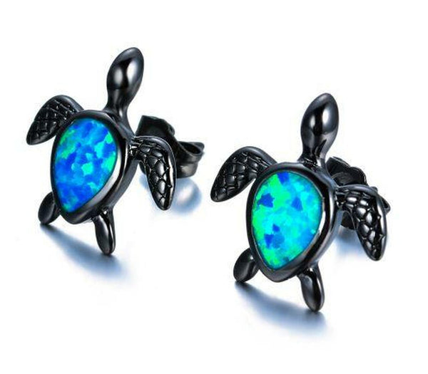Boucles d'Oreilles Tortue de Mer en Opale Bleue