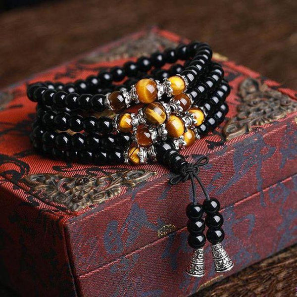 Bracelet Mala Bouddhiste Œil de Tigre en Obsidienne