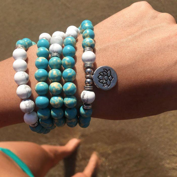 Bracelet Mala ‘’Lotus’’ de 108 perles en Jaspe Océan et Howlite